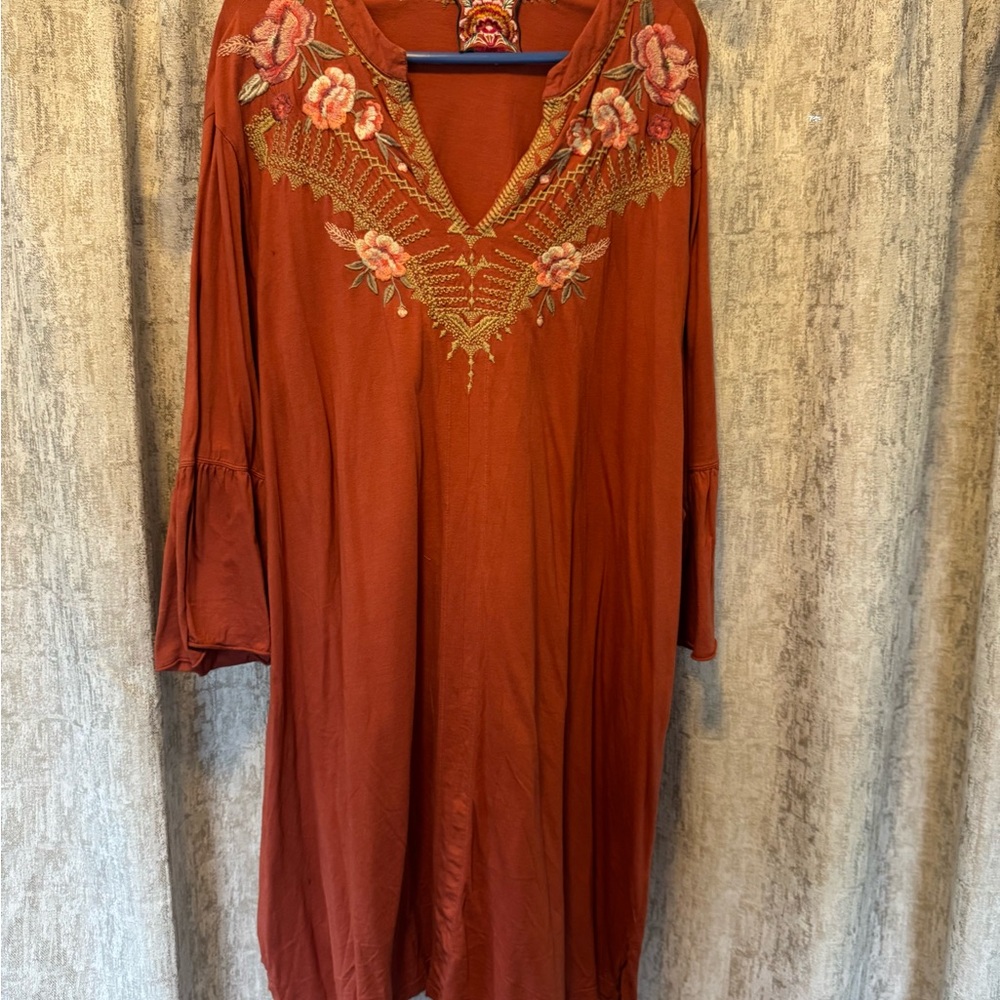 Rust Orange Embroidered Tunic Dress